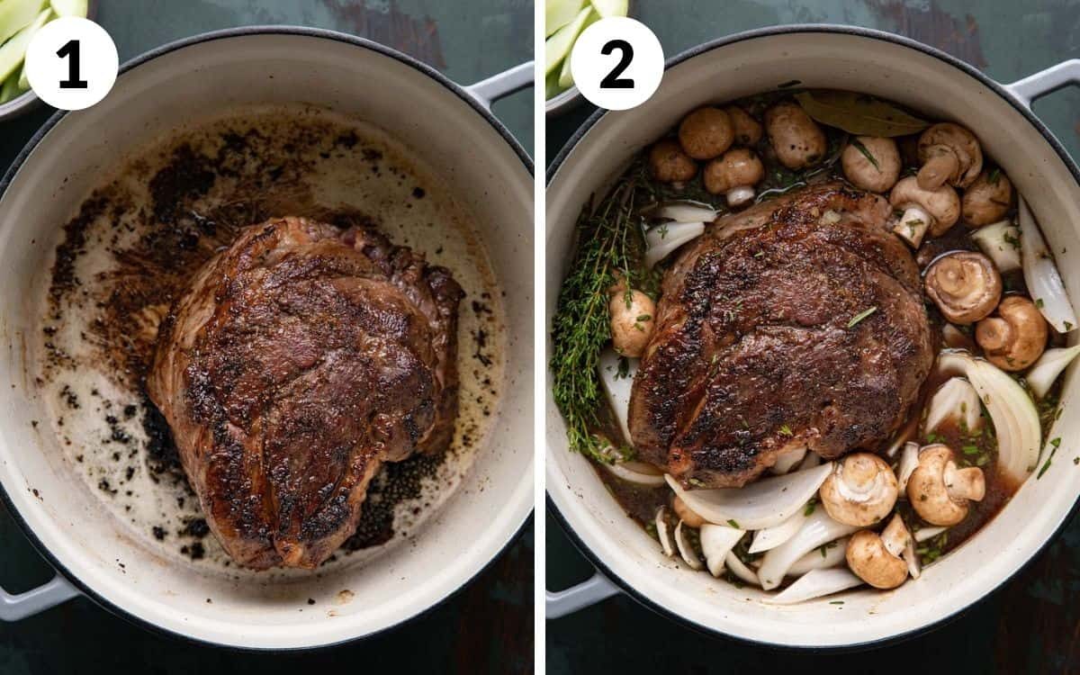 steps 1 & 2 meat browned in dutch oven onion, mushroom, herbs, and liquid in the pot with the roast