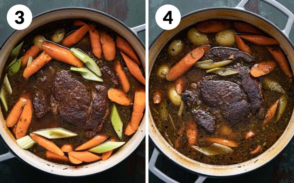 steps 3 & 4 carrots and celery added after the first braise finished roast in pot