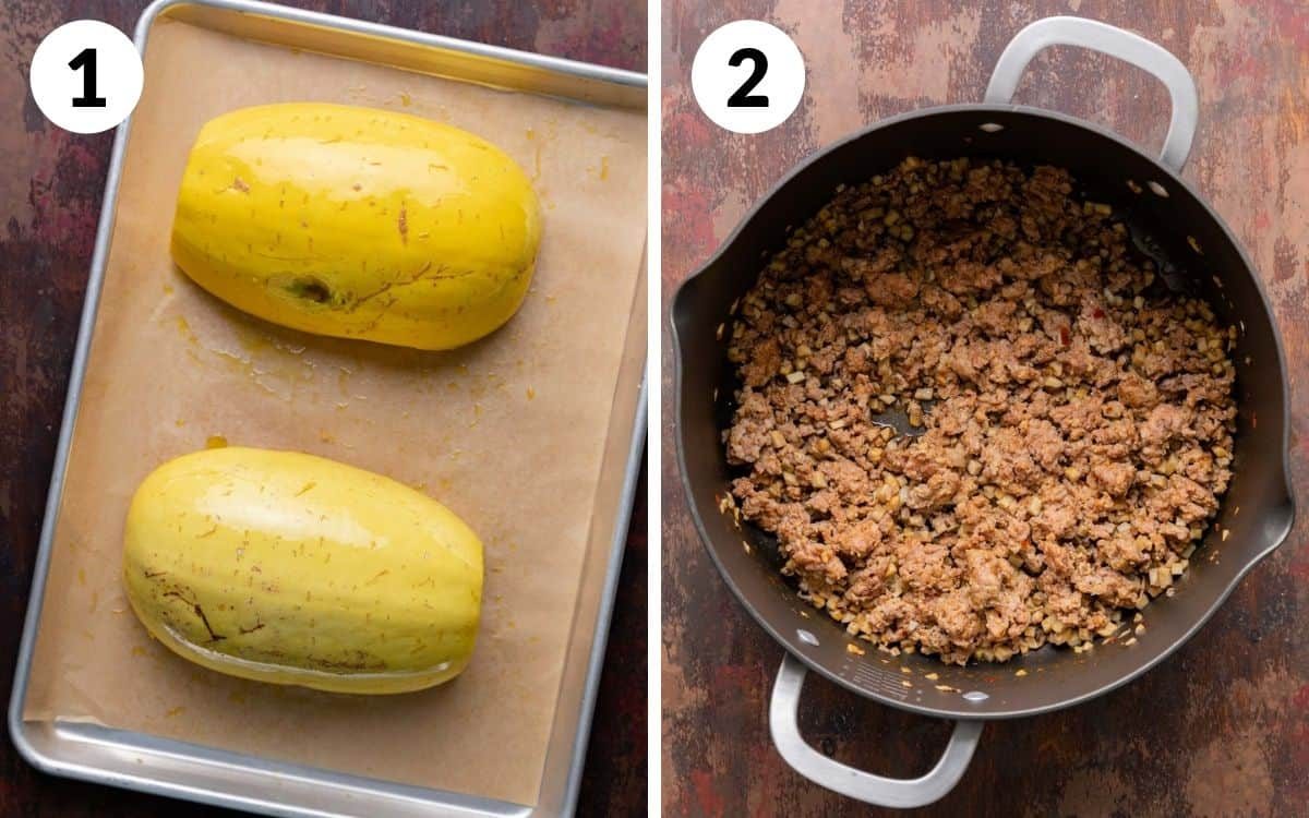 A two photo collage showing first two steps for baked spaghetti squash casserole.