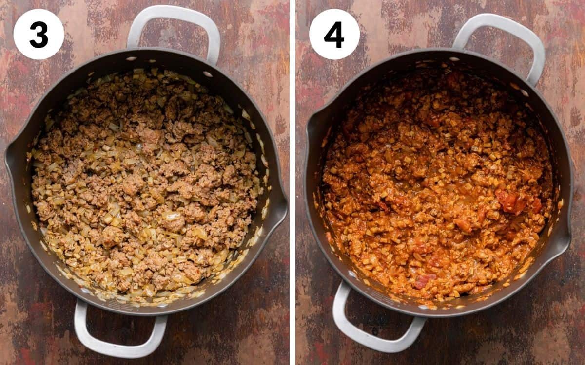 Two photo collage showing steps 3 & 4 for baked spaghetti squash casserole.