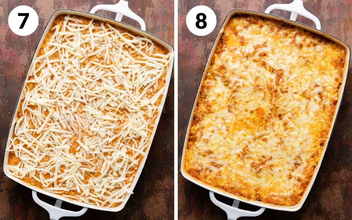 A two photo collage showing steps 7 & 8 for baked spaghetti squash casserole.
