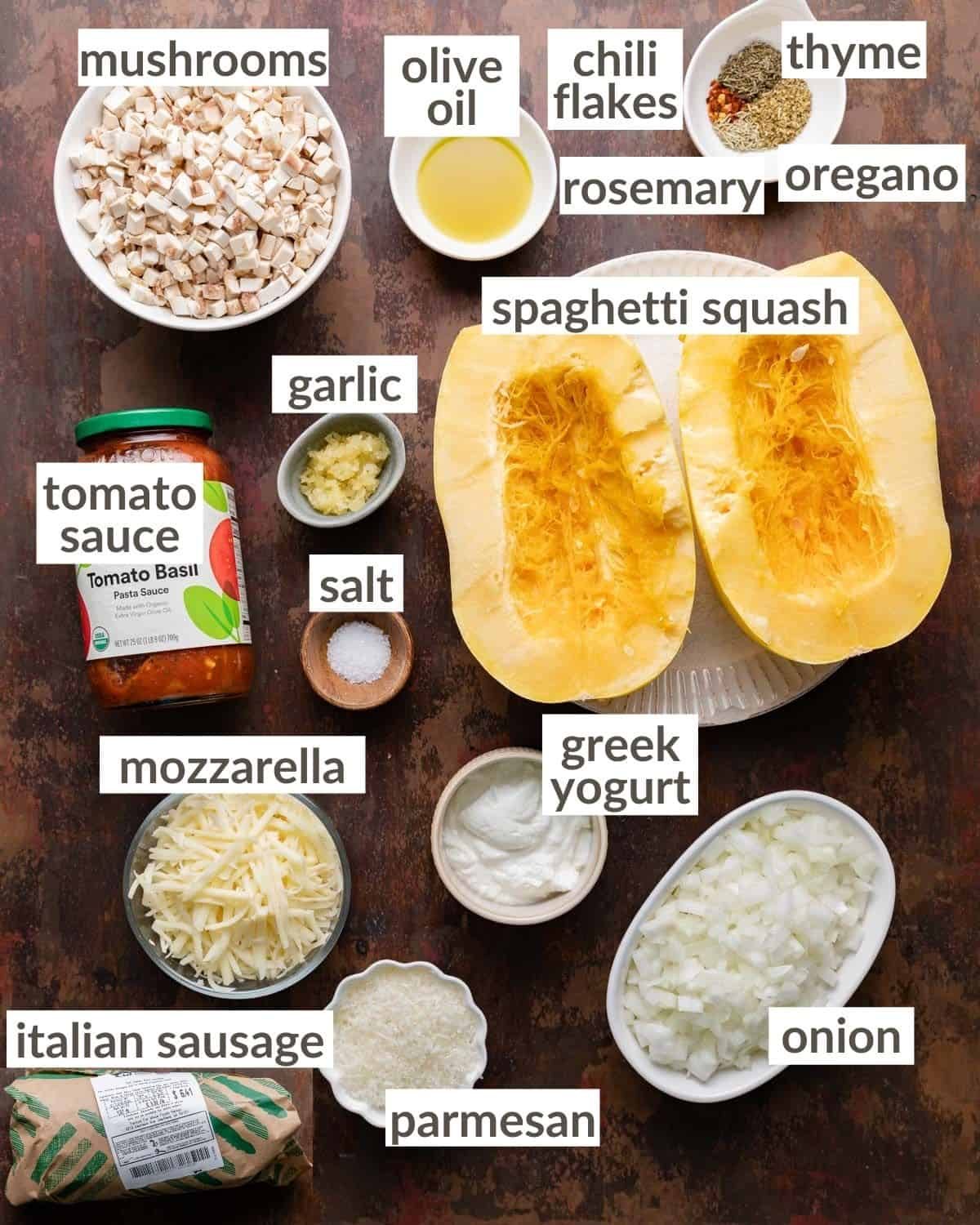 Overhead image of ingredients needed to make spaghetti squash casserole.