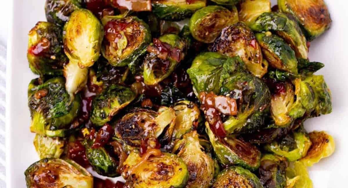 Overhead image of spicy bacon jam brussel sprouts.