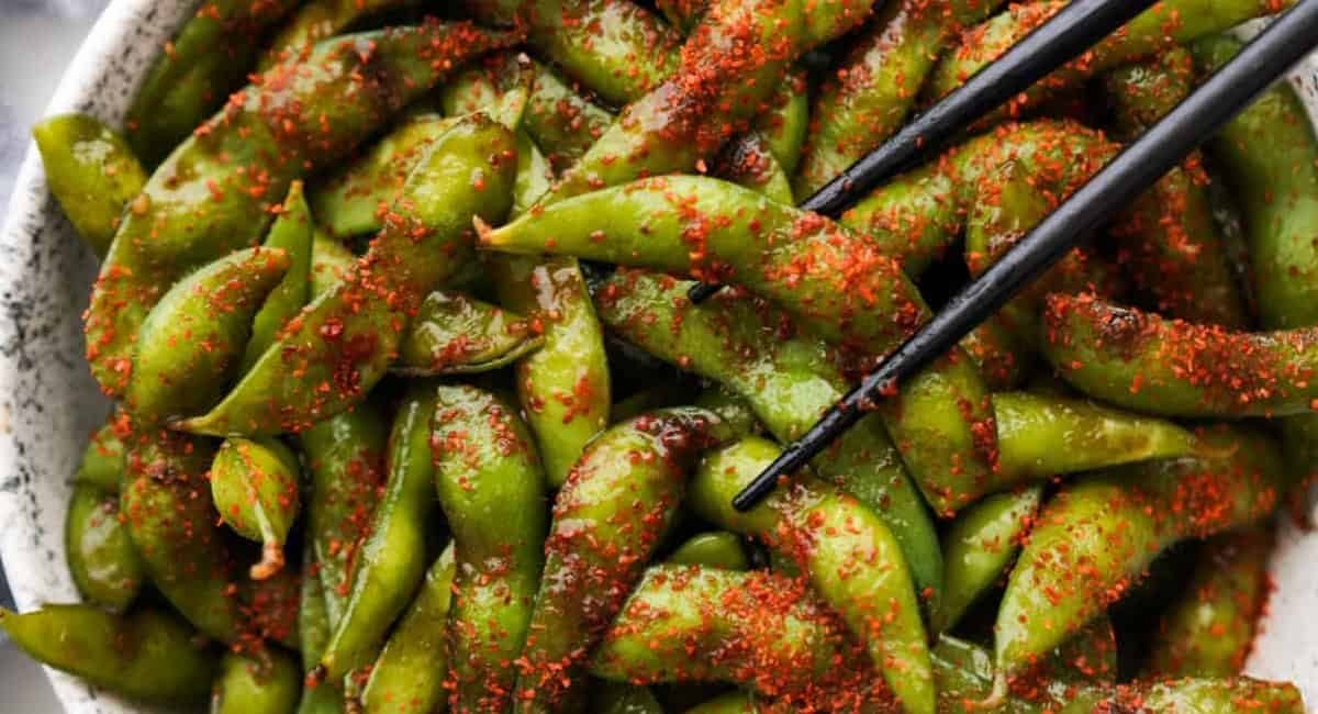 Overhead image of spicy garlic edamame.