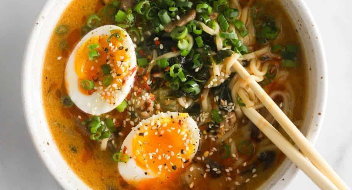 Overhead image of spicy miso soup with ramen.