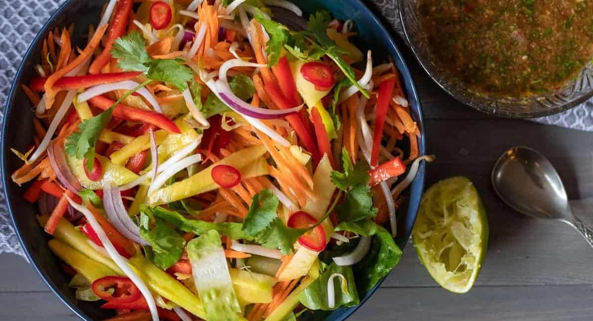 Overhead image of spicy thai mango salad.