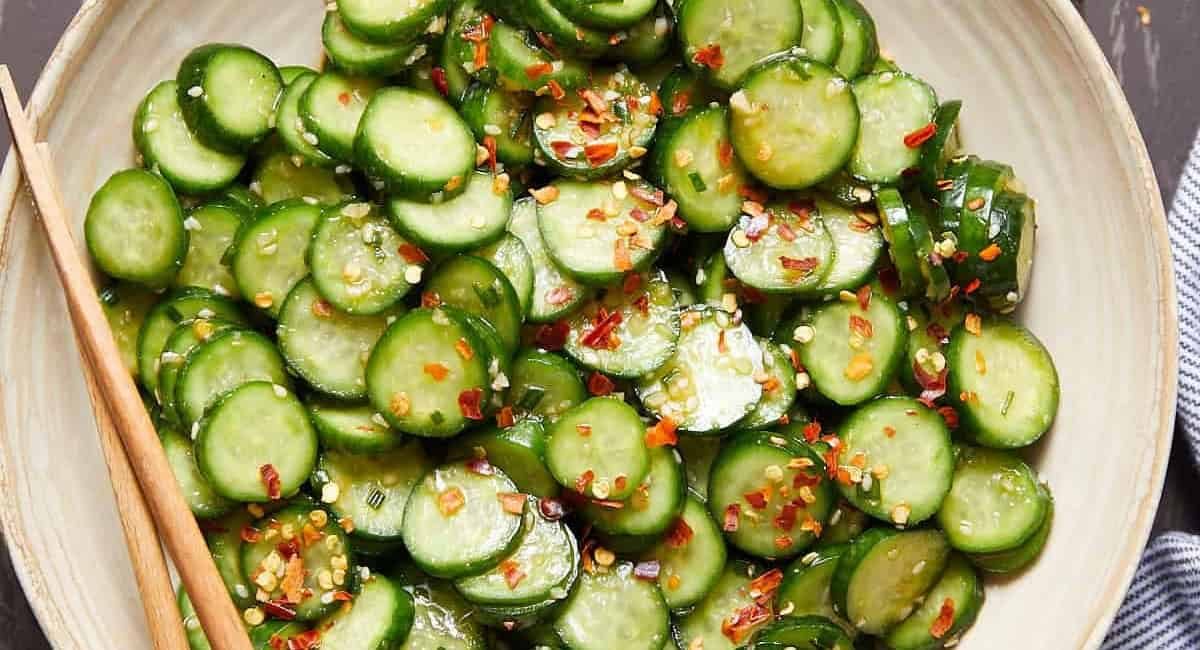 Overhead image of spicy cucumber salad.