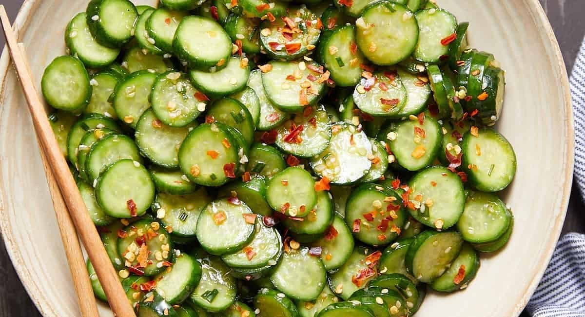 Overhead image of spicy cucumber salad.