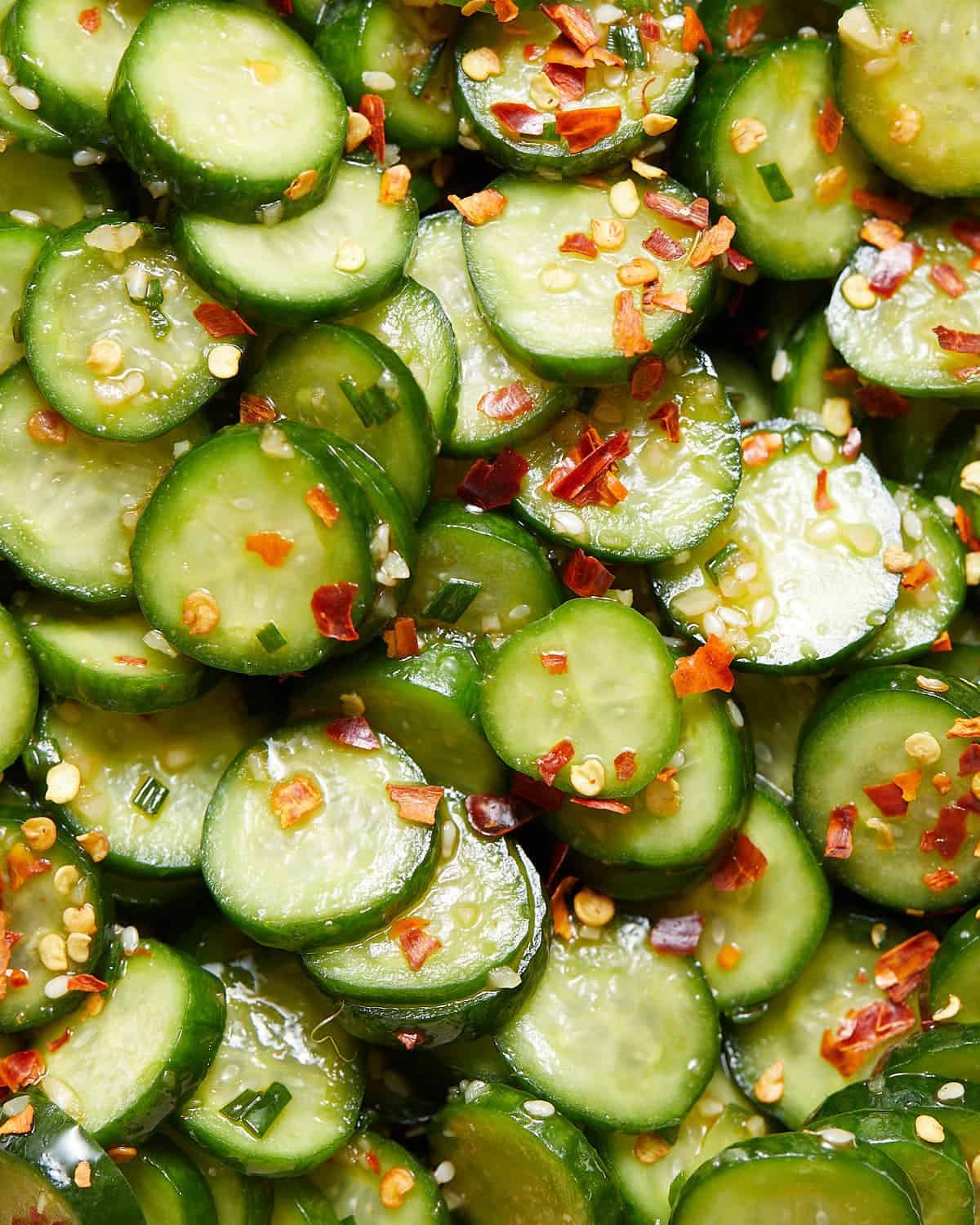 Up close image of spicy cucumber salad.