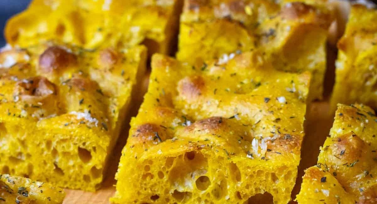 Up close image of sourdough pumpkin focaccia.