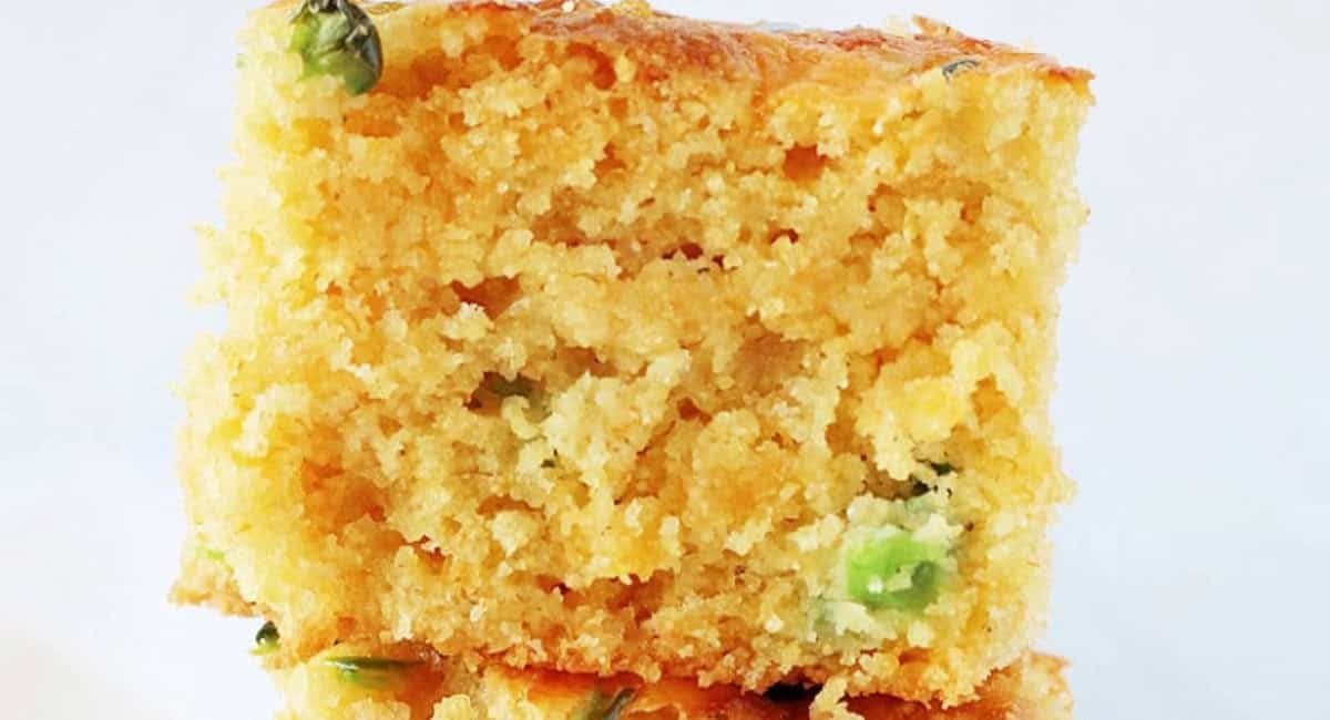 Up close image of sliced jalapeno cheddar cornbread.