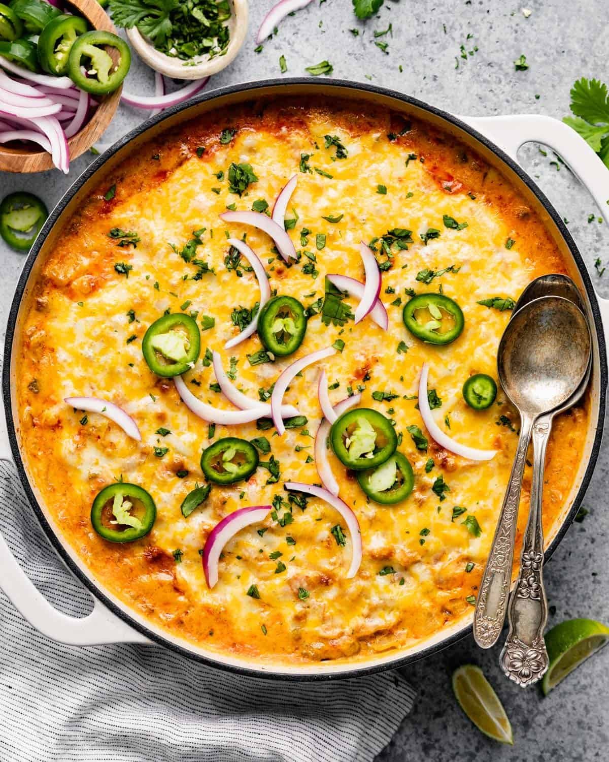 Overhead image of Mexican chicken & rice casserole.