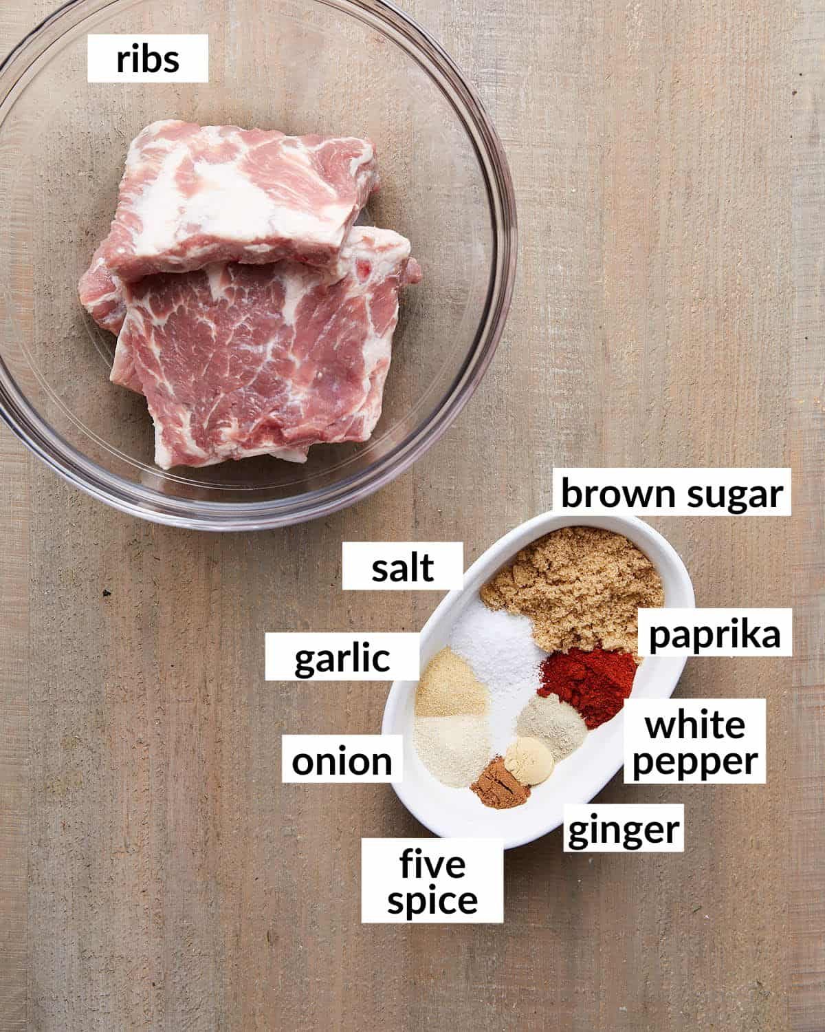 Overhead image of ingredients needed for sticky asian ribs.