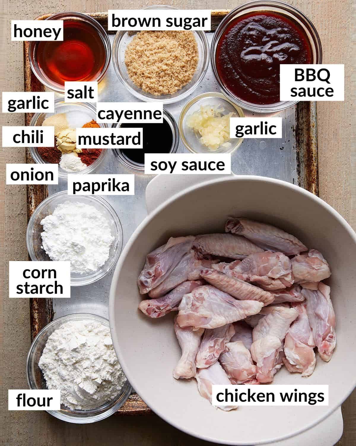 Overhead image for sticky bbq chicken wings recipe.