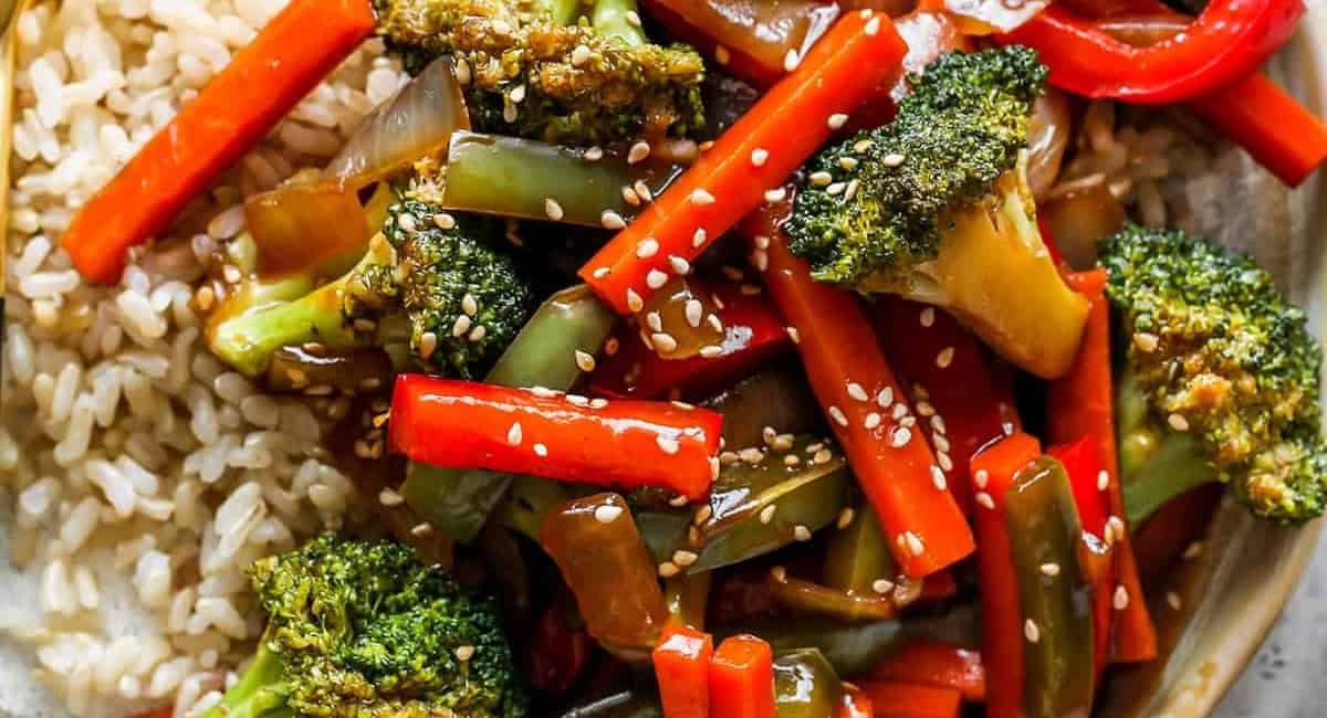 Overhead image of stir fry vegetables.