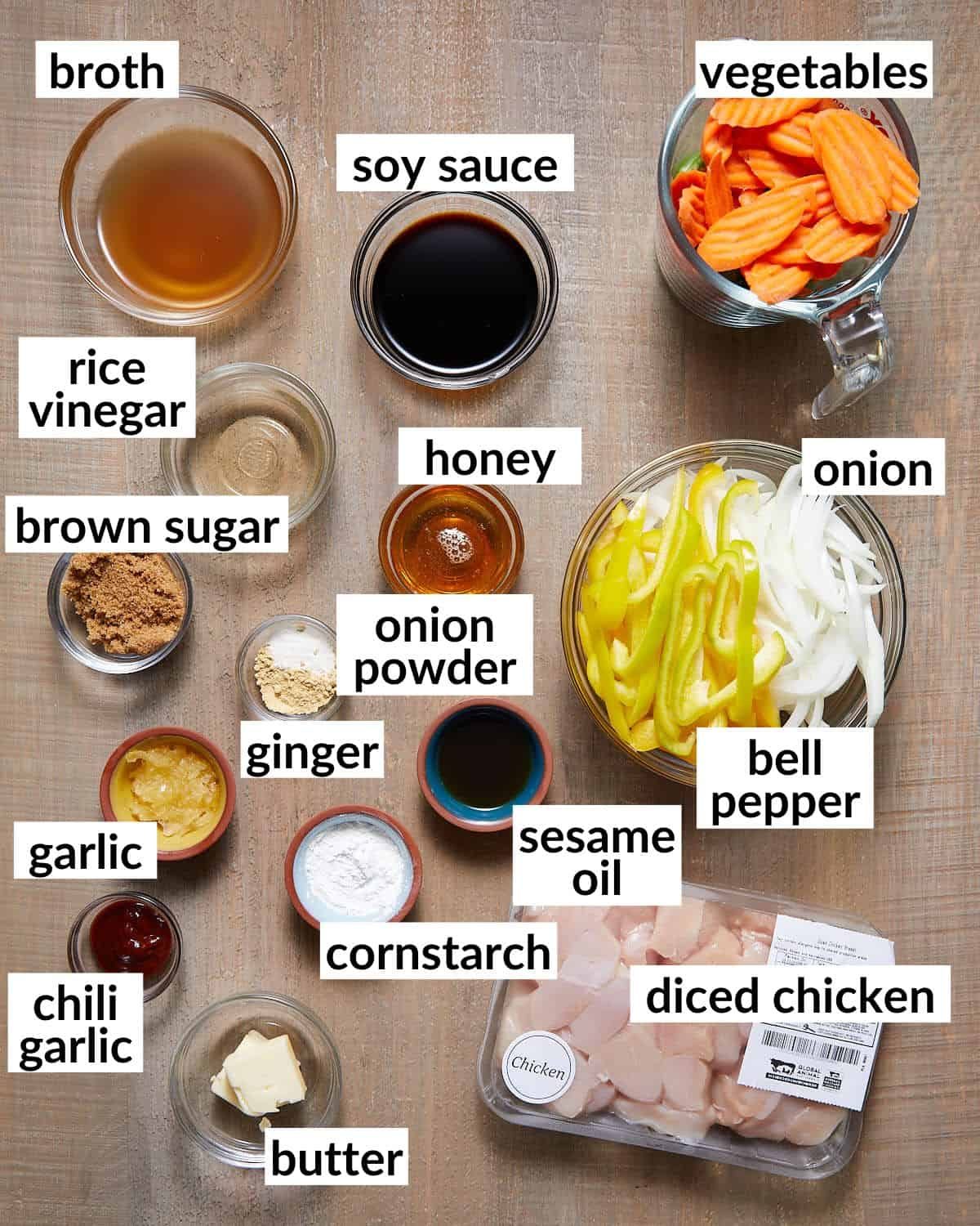 Ingredients needed for stir fry chicken marinade and veggies.