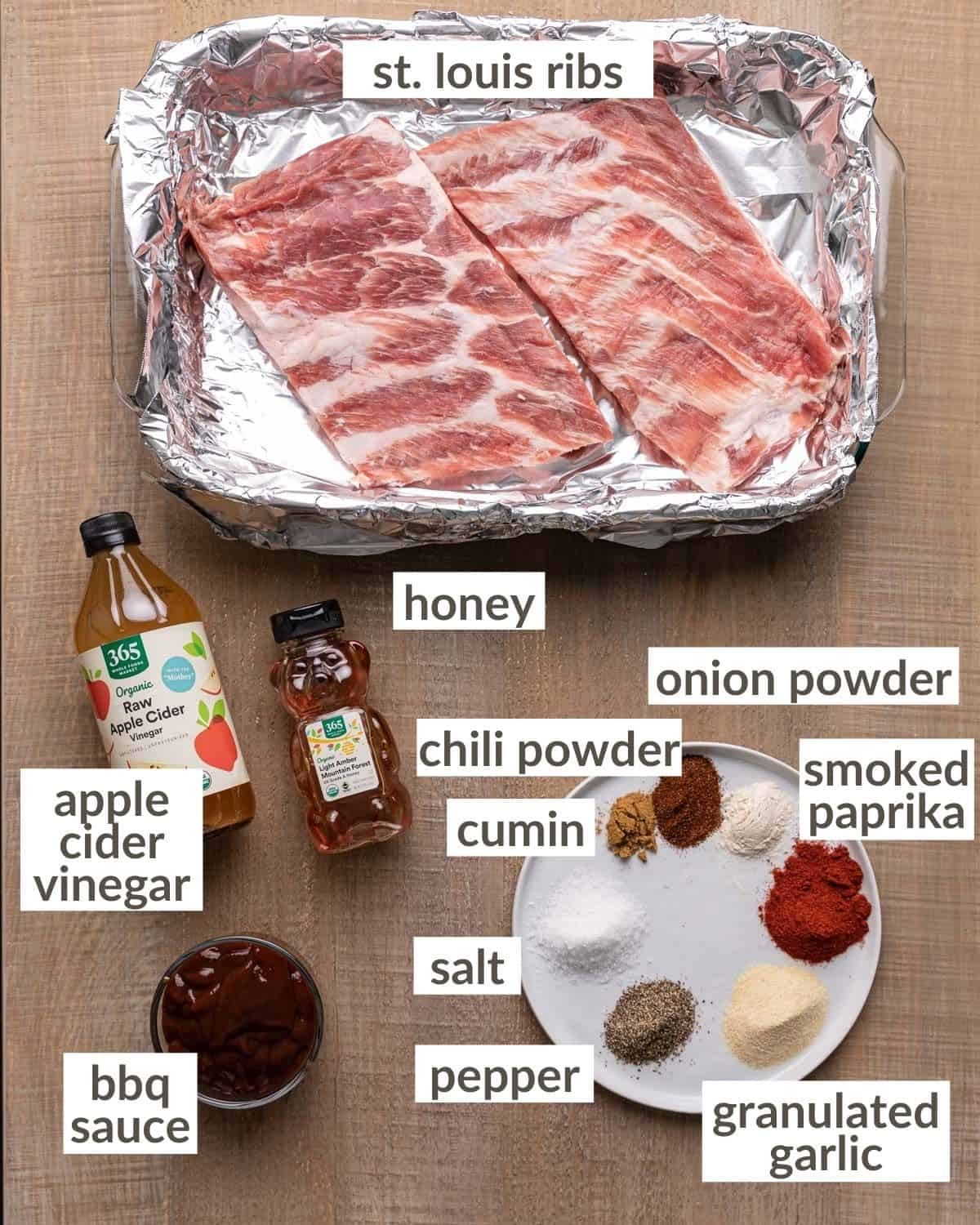 Ingredients needed to make baked bbq st louis ribs.
