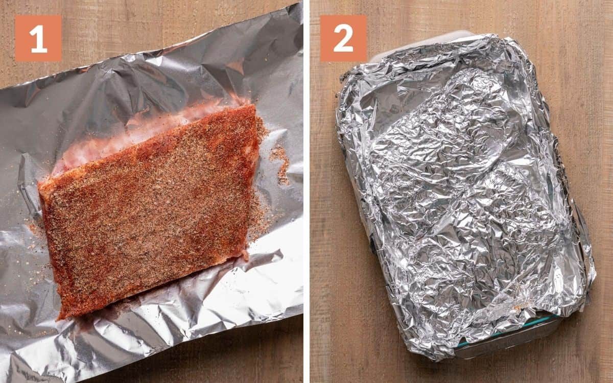 A 2 photo collage showing ribs being rubbed with spices and wrapped.