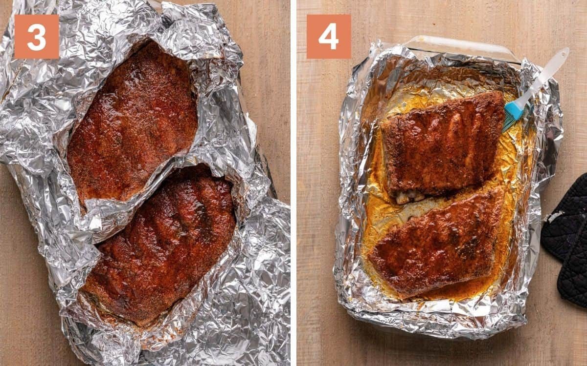 A 2 photo collage showing ribs being basted and unwrapped.