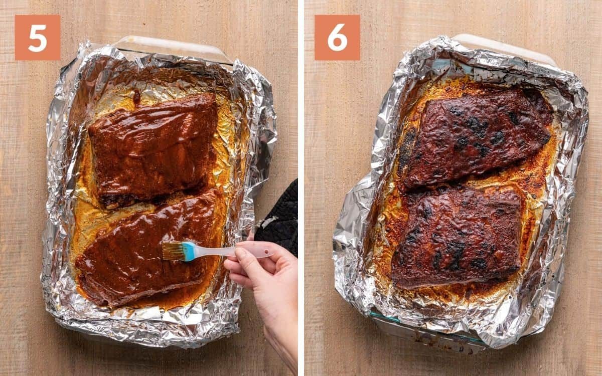 A 2 photo collage showing ribs with sauce and caramelized in the oven.