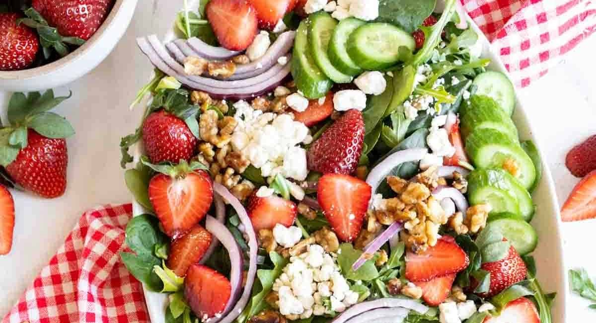 Overhead image of strawberry goat cheese salad.