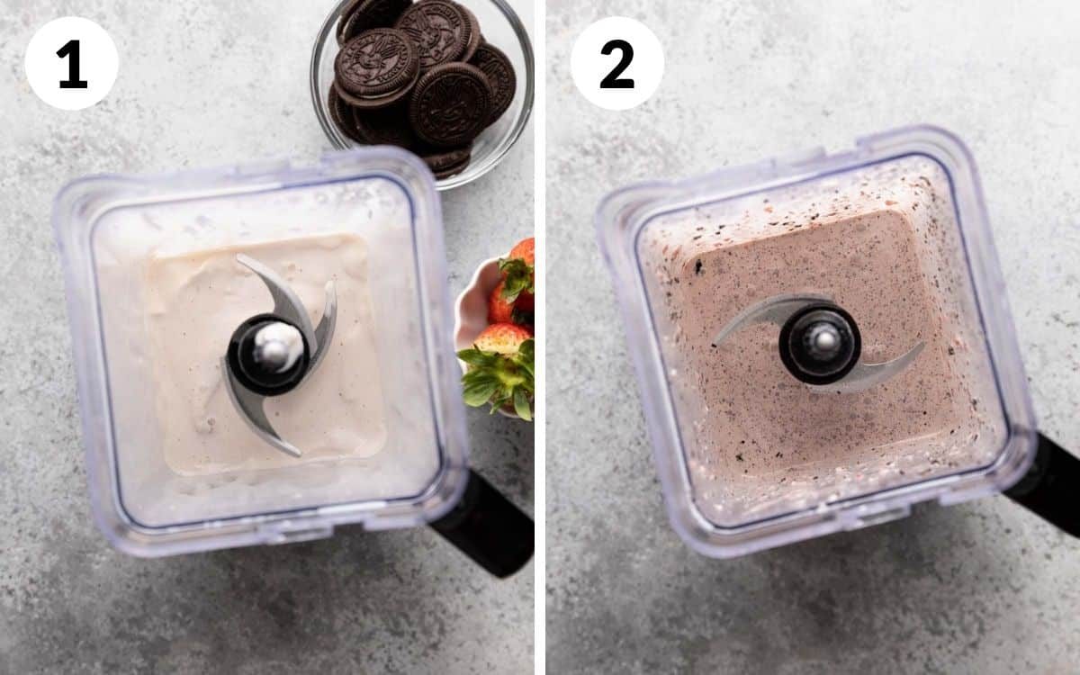 steps 1 & 2 milk and ice cream blended in blender oreo and strawberry blended in blender