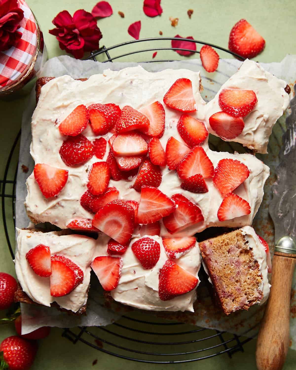 Overhead image of strawberry snack cake.