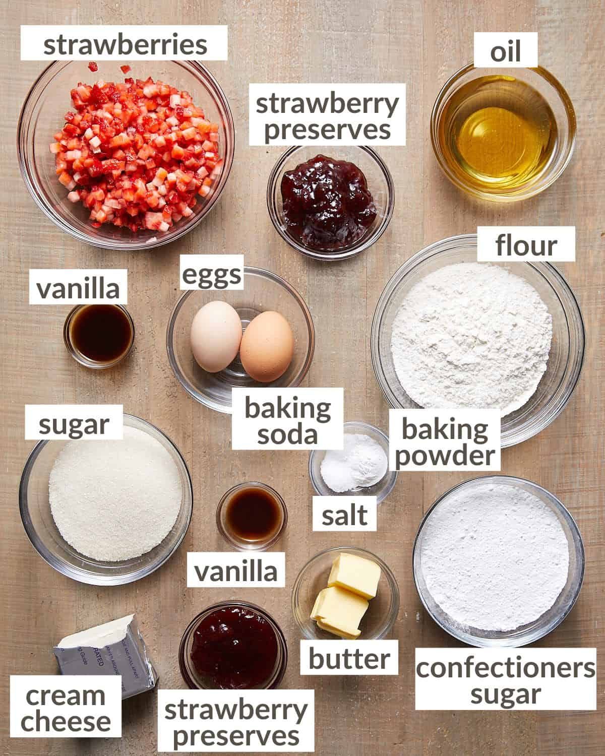 Overhead image of ingredients needed for strawberry snack cake.