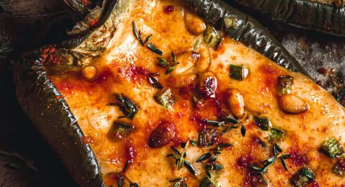 Overhead image of stuffed poblano peppers recipe.