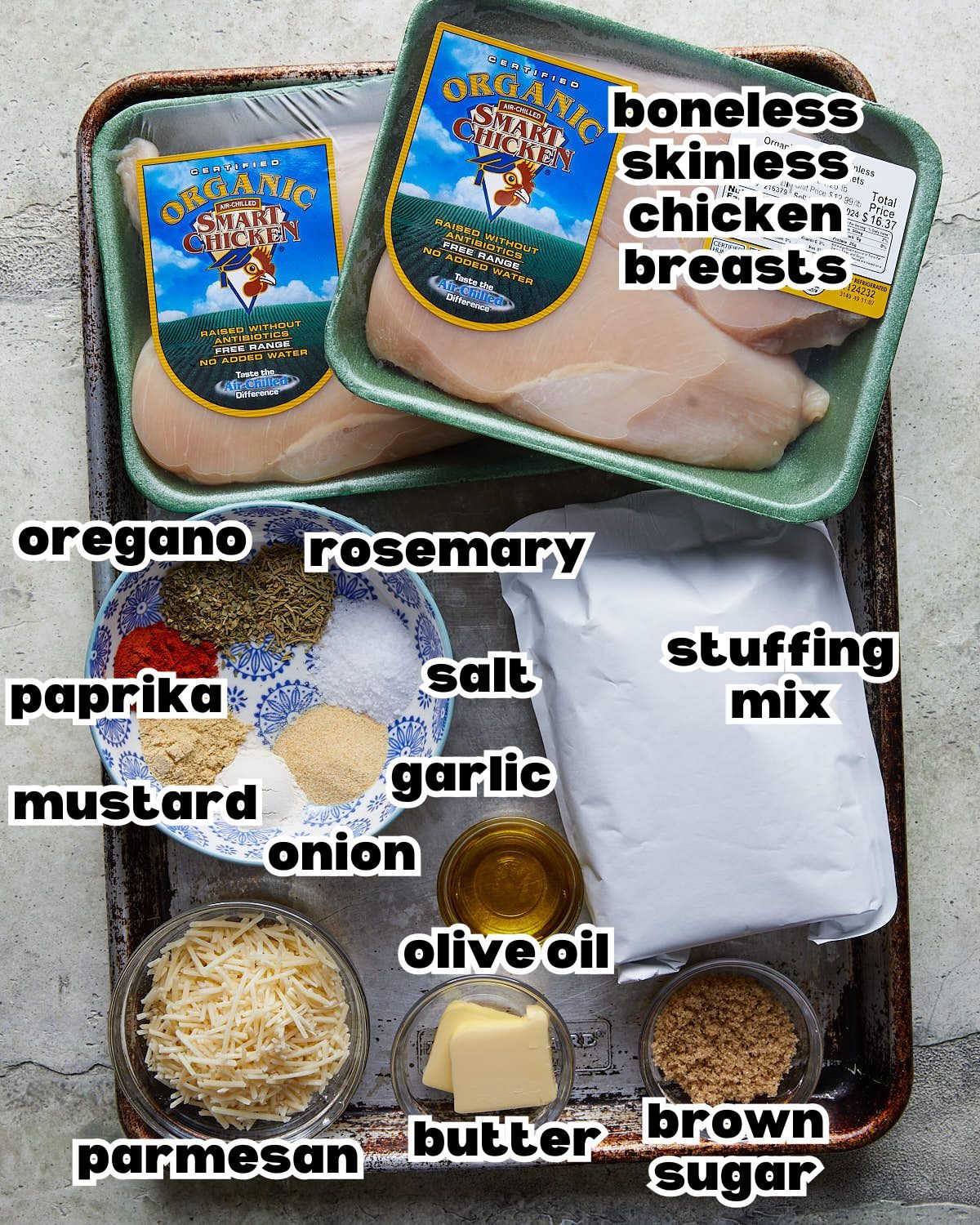 Overhead image of ingredients needed for stuffing stuffed chicken breasts.