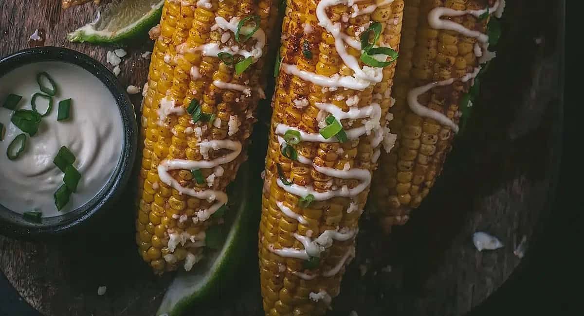 Overhead image of sweet & spicy corn on the cob.