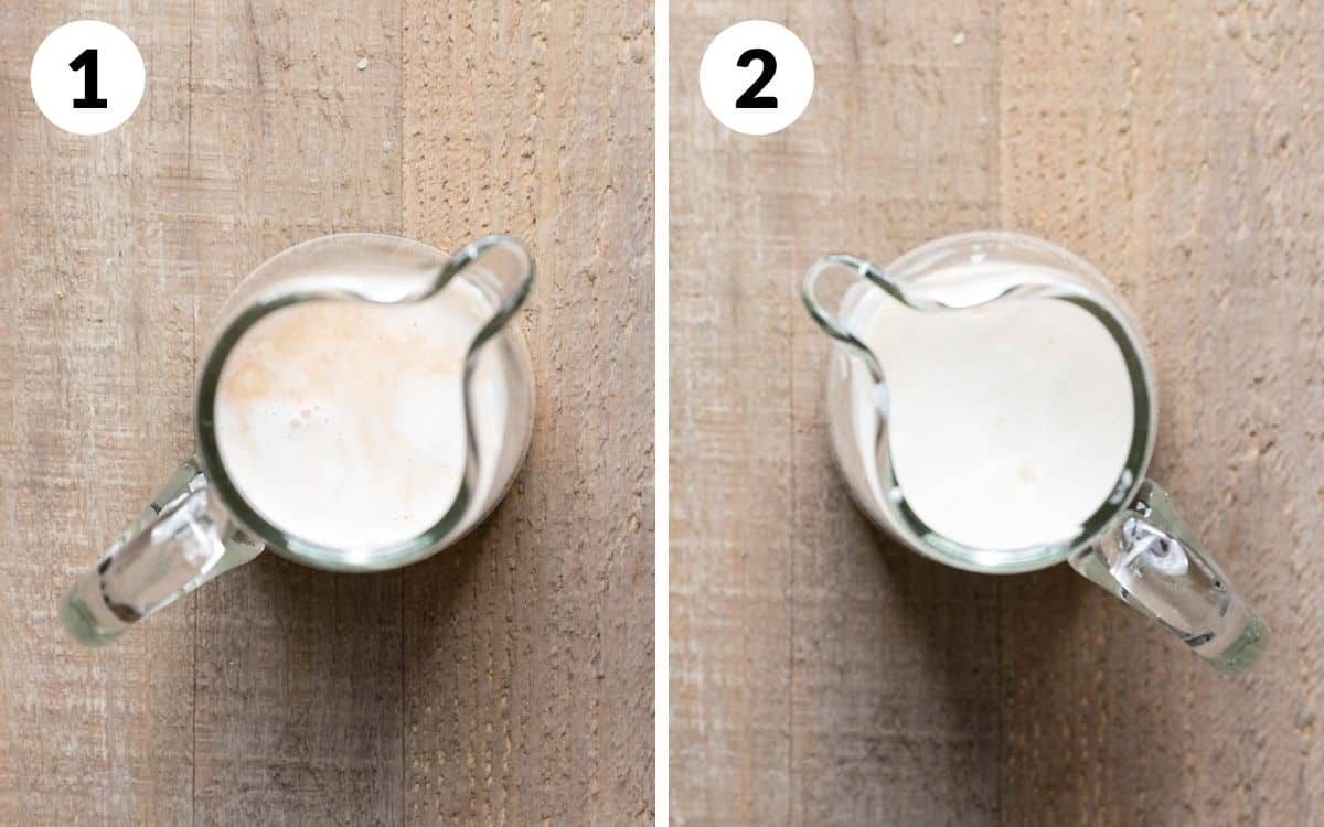 milk, cream, sugar, vanilla in glass pitcher & foam in pitcher