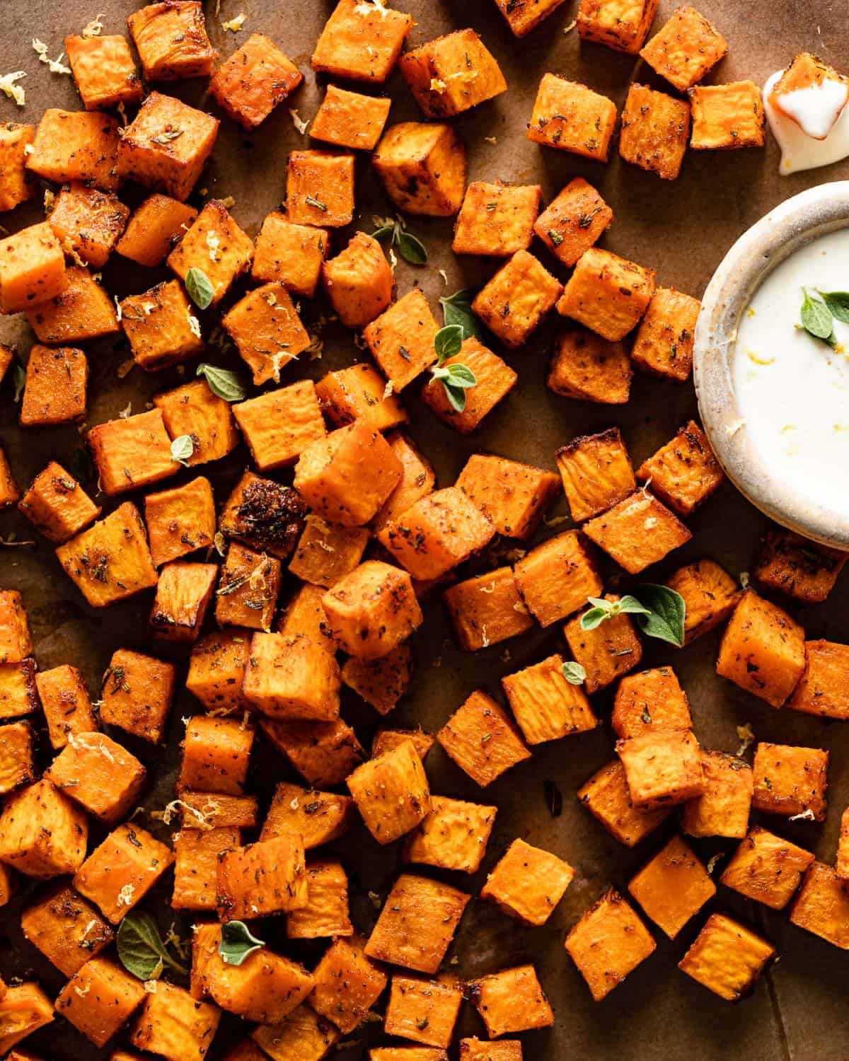 closeup of air fryer sweet potato cubes