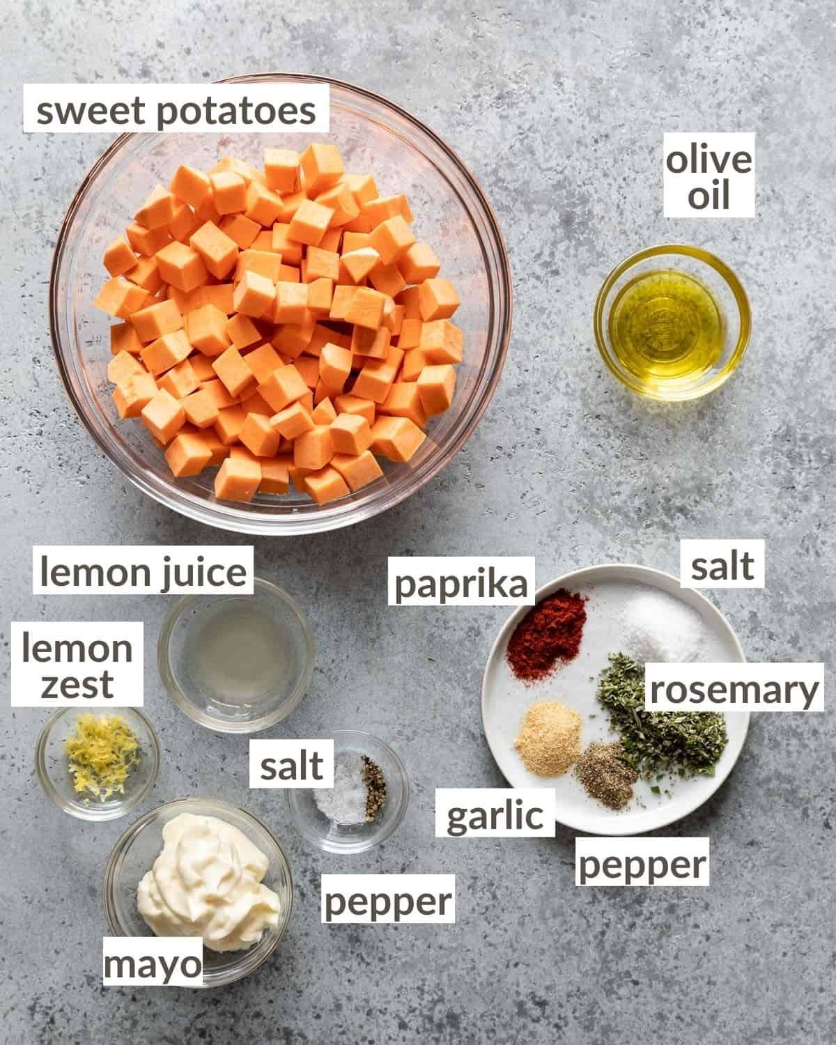 overhead of all ingredients in bowls