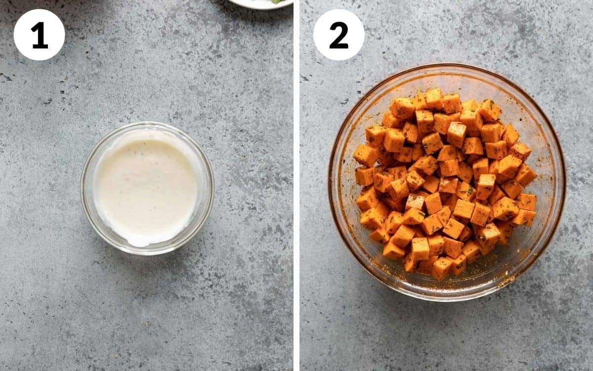 steps 1 & 2 garlic lemon aioli in mixing bowl sweet potatoes tossed in bowl