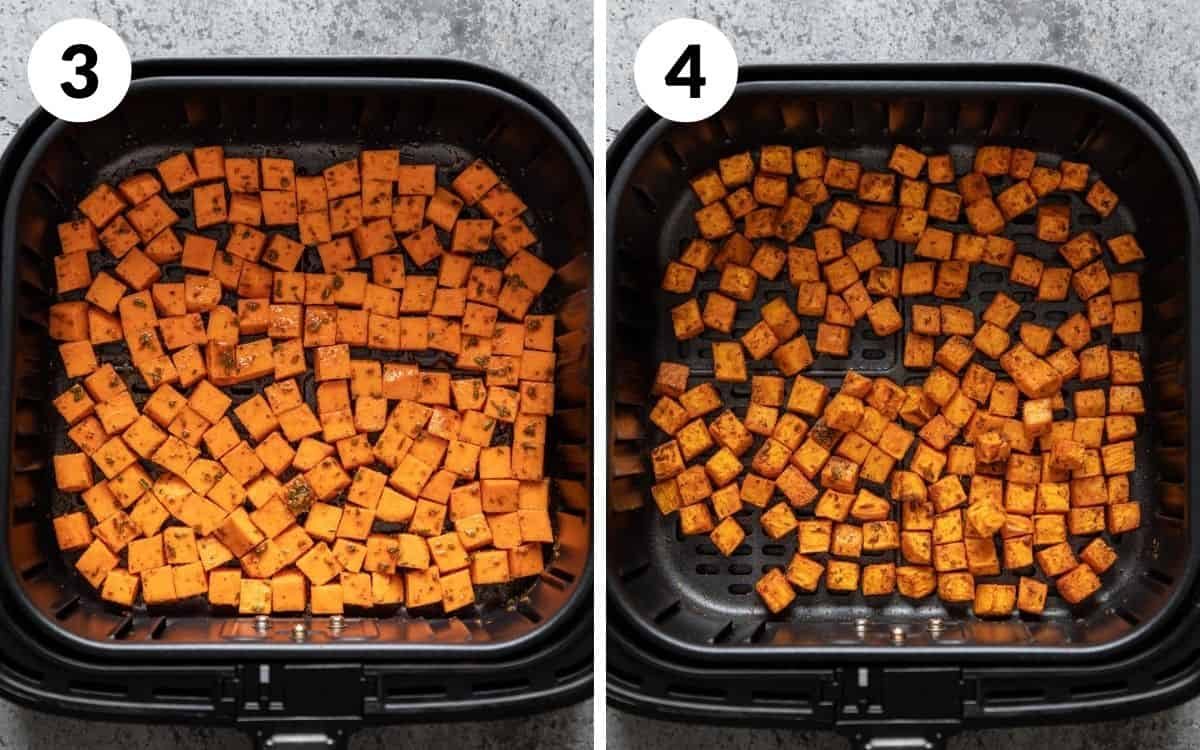 steps 3 & 4 sweet potato cubes in air fryer roasted sweet potato cubes in air fryer basket