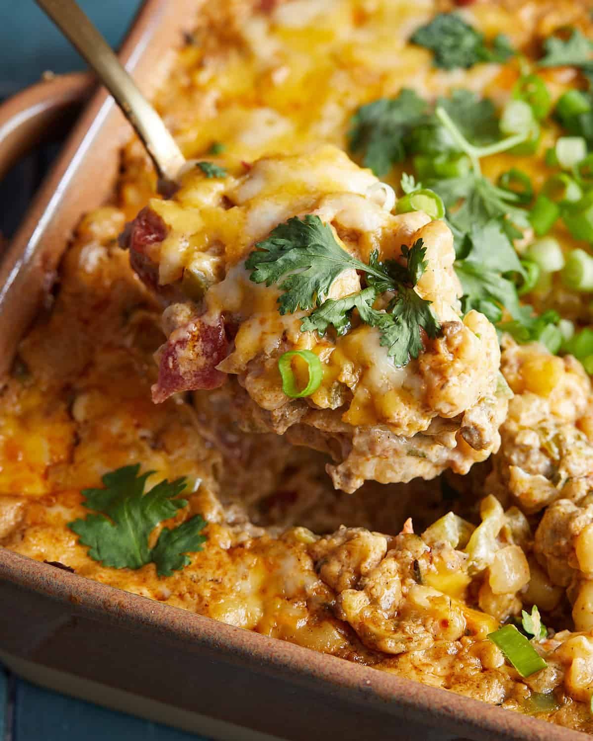 Up close image of taco pasta bake.