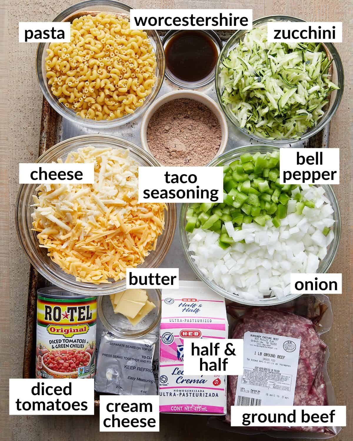 Overhead image of ingredients needed to make taco pasta bake.