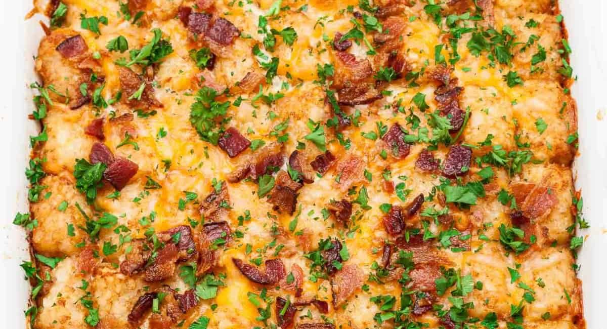 Overhead image tater tot breakfast casserole.