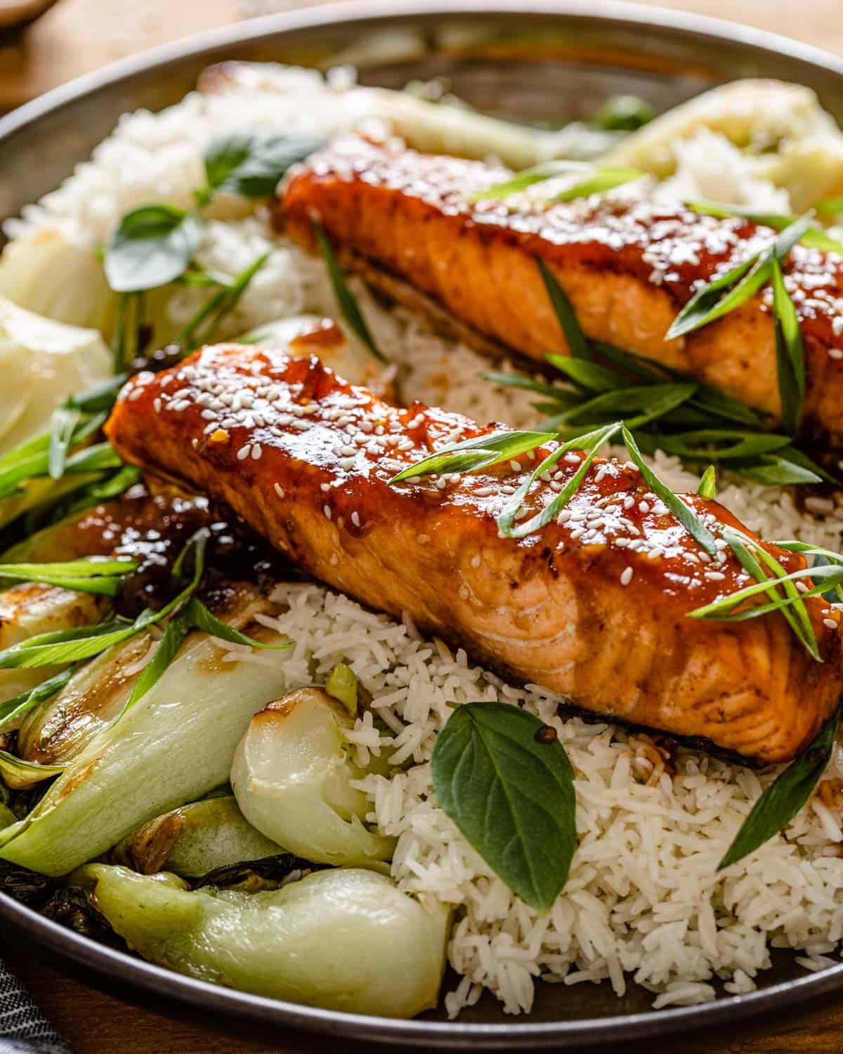 side view up close shot of teriyaki salmon air fryer