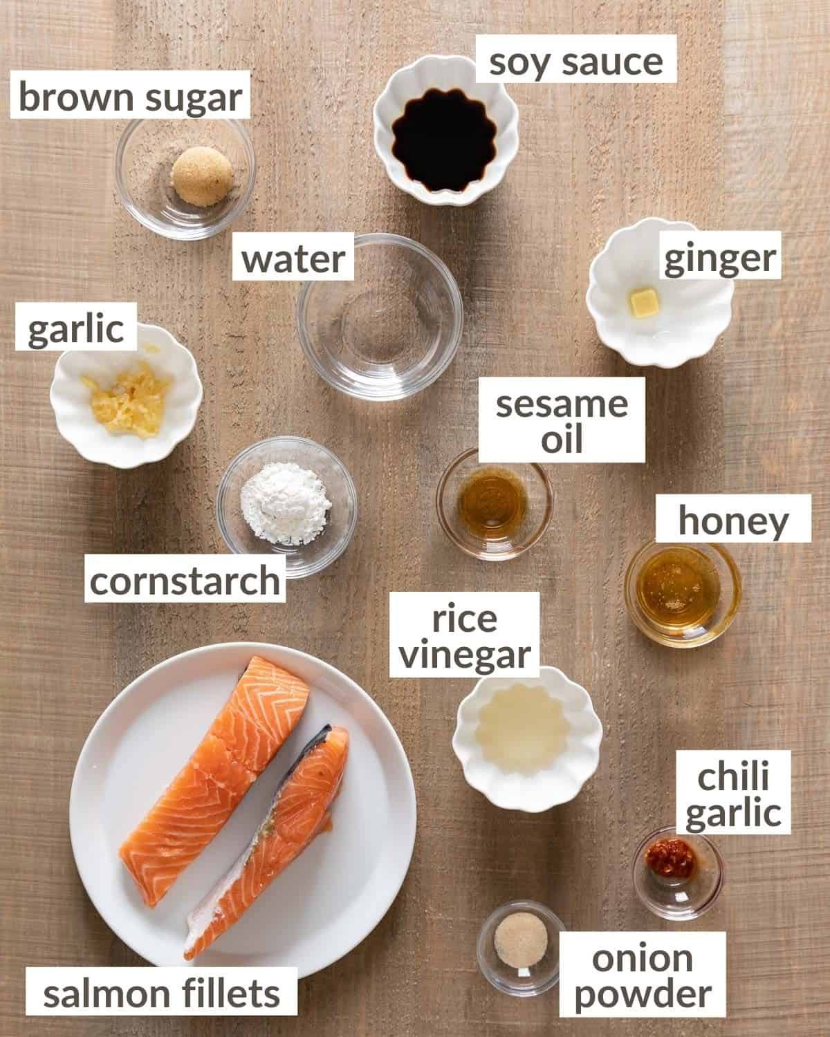 overhead of ingredients for teriyaki salmon air fryer