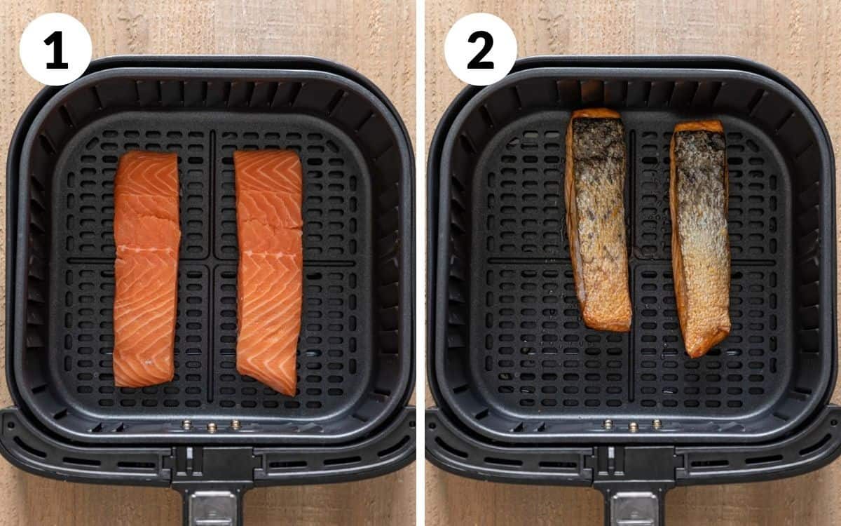 steps 1 & 2 salmon fillets in the air fryer basket cooked salmon skin side up in air dryer