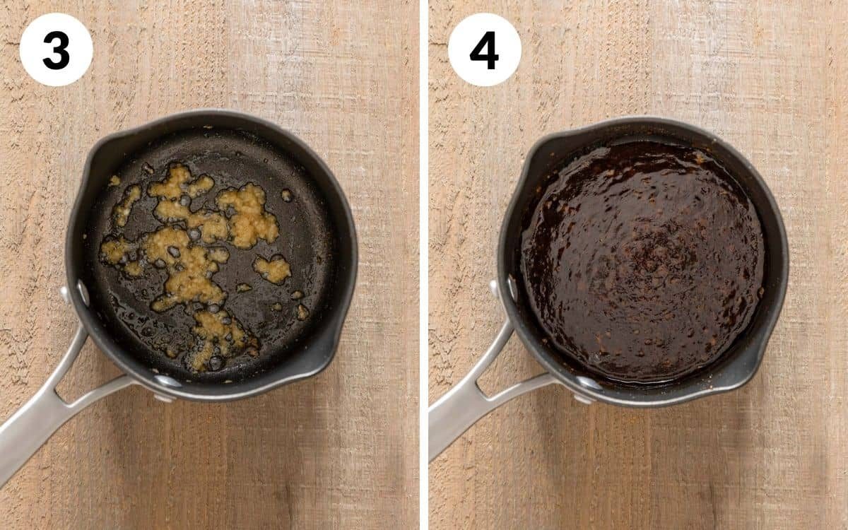 steps 3 & 4 garlic and ginger cooked in sesame oil teriyaki sauce in pan