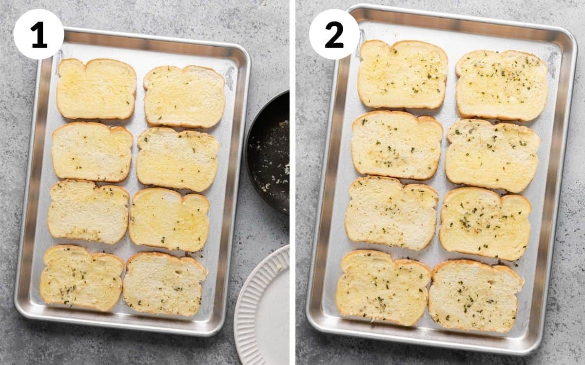 steps 1 & 2 bread lightly buttered on pan bread with extra garlic spooned on