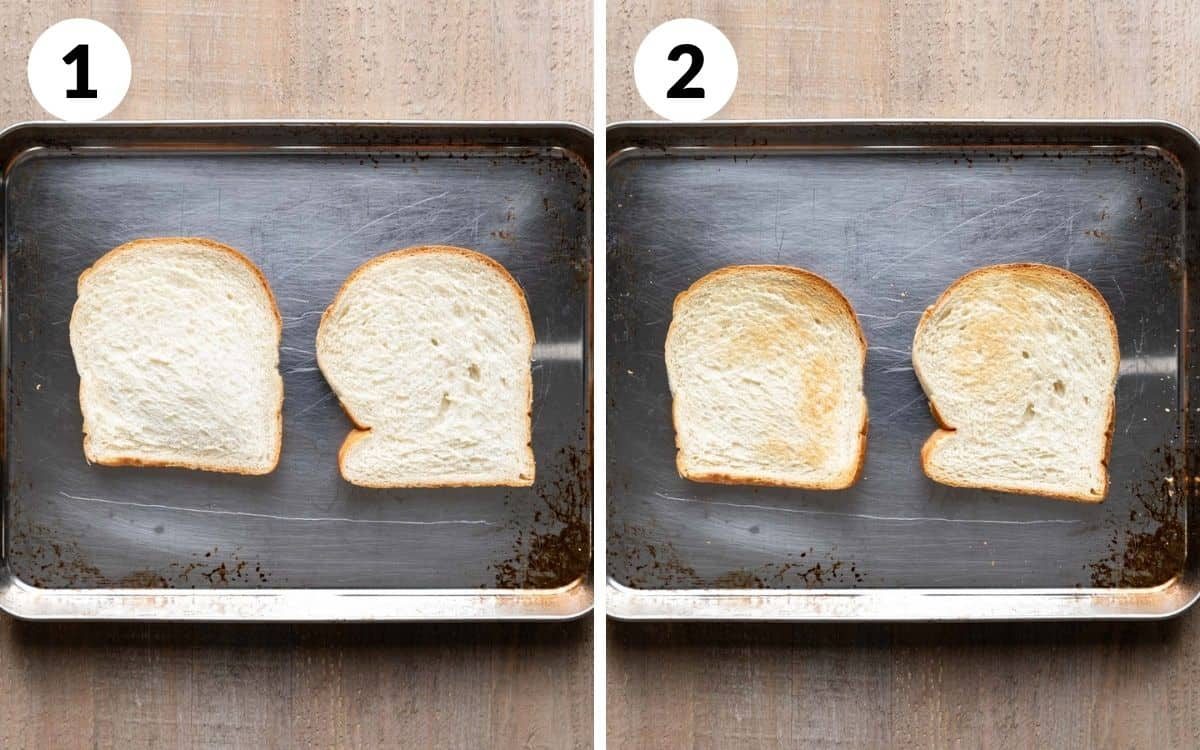 bread on baking sheet & one side toasted