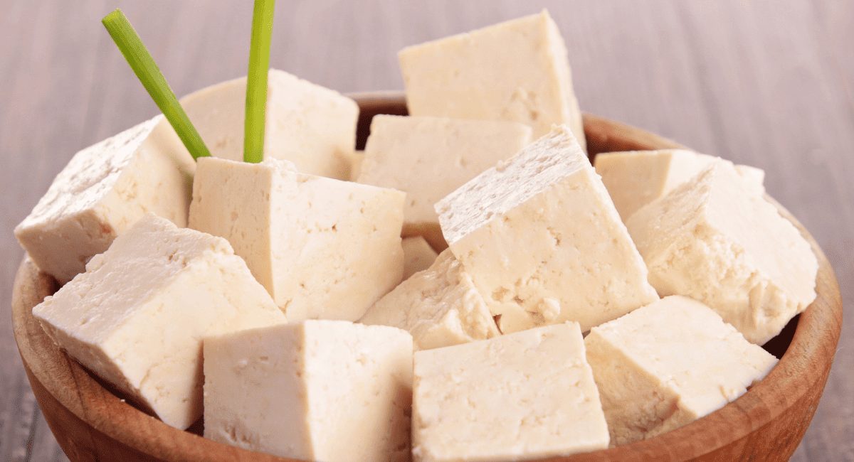Up close image of tofu feta cheese.