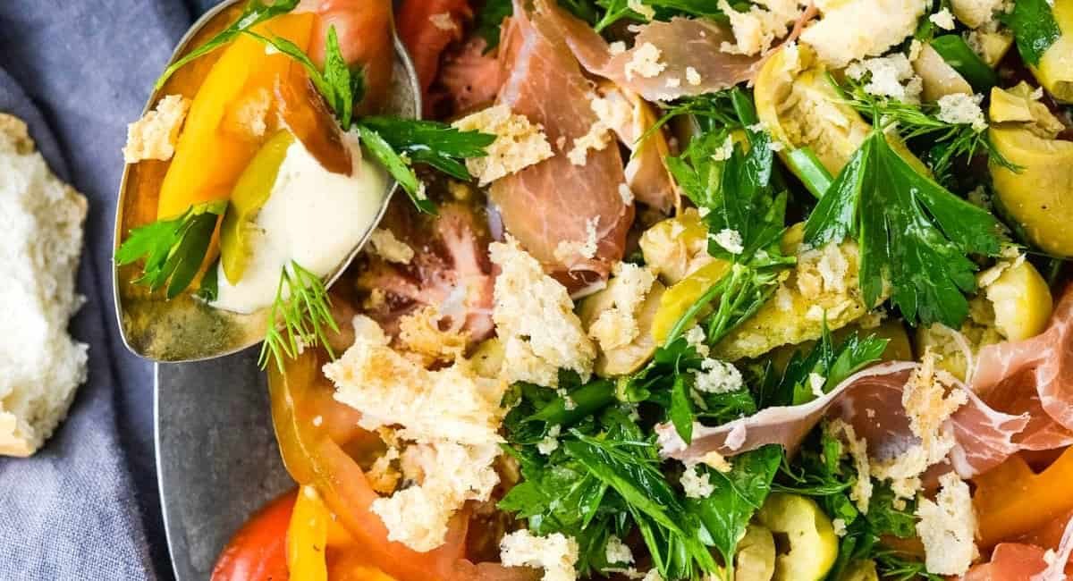 Overhead image of summer heirloom tomato salad.