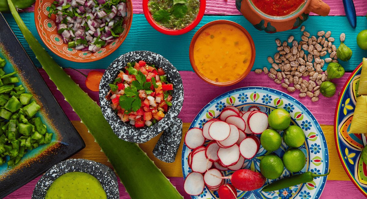 Overhead image of taco toppings.