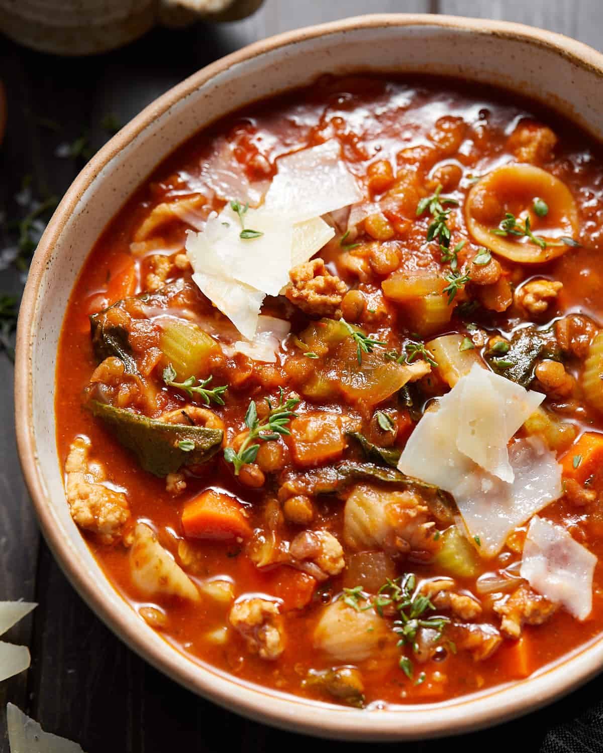Lentil and turkey soup in a bowl.