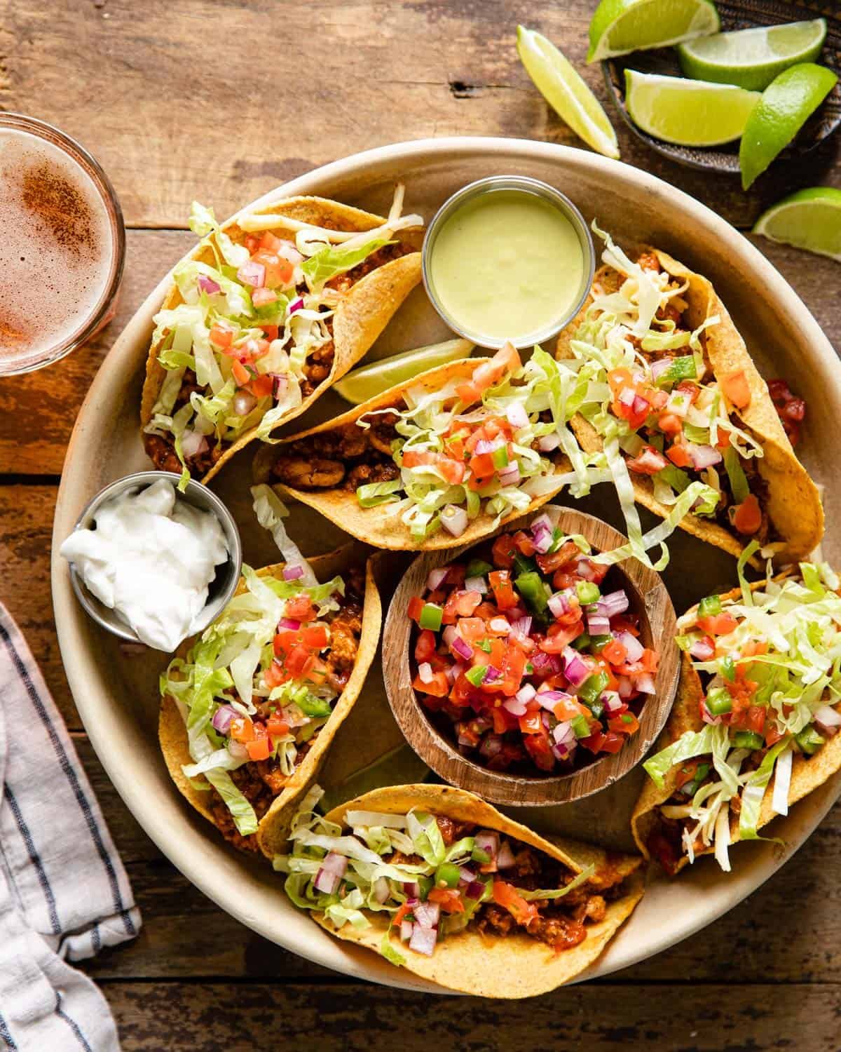 overhead of turkey tacos with lettuce and pico de gallo